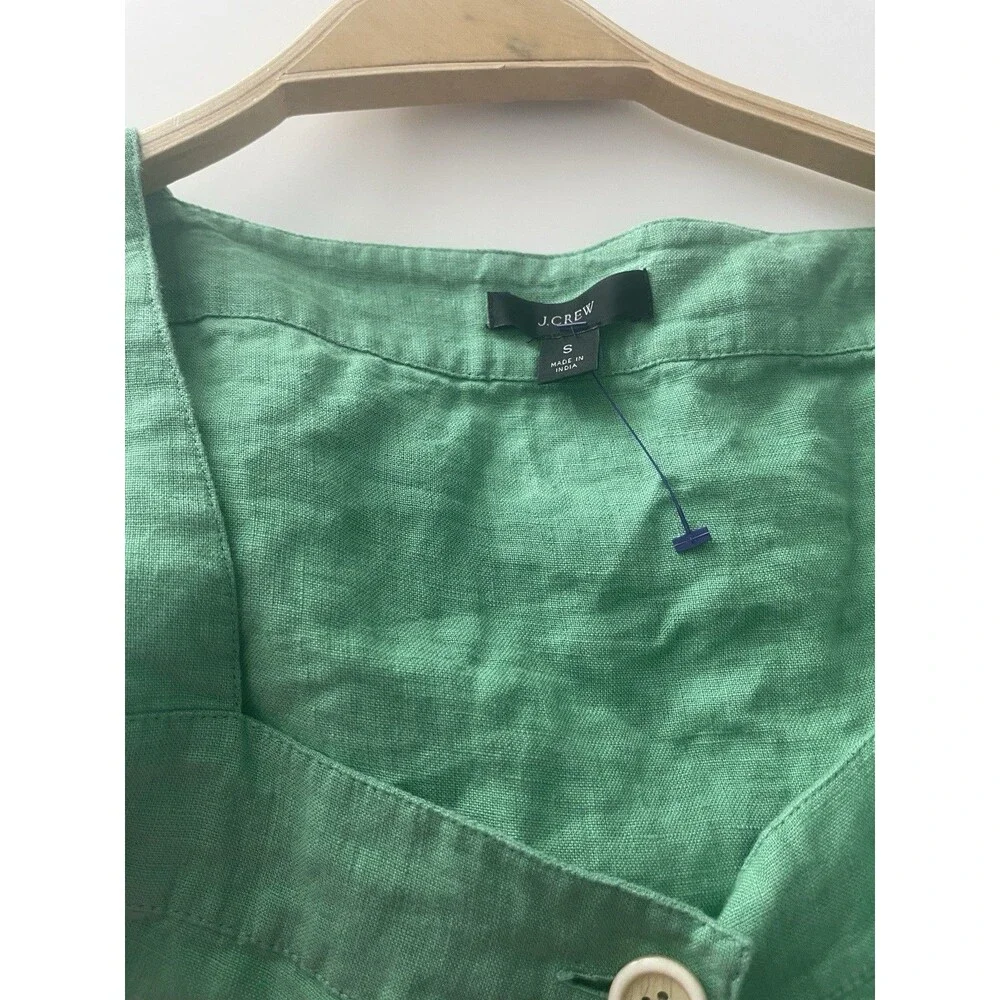 J.CREW Women's 100% Linen Blouse Top Green Mint Puff Sleeve Button Front S